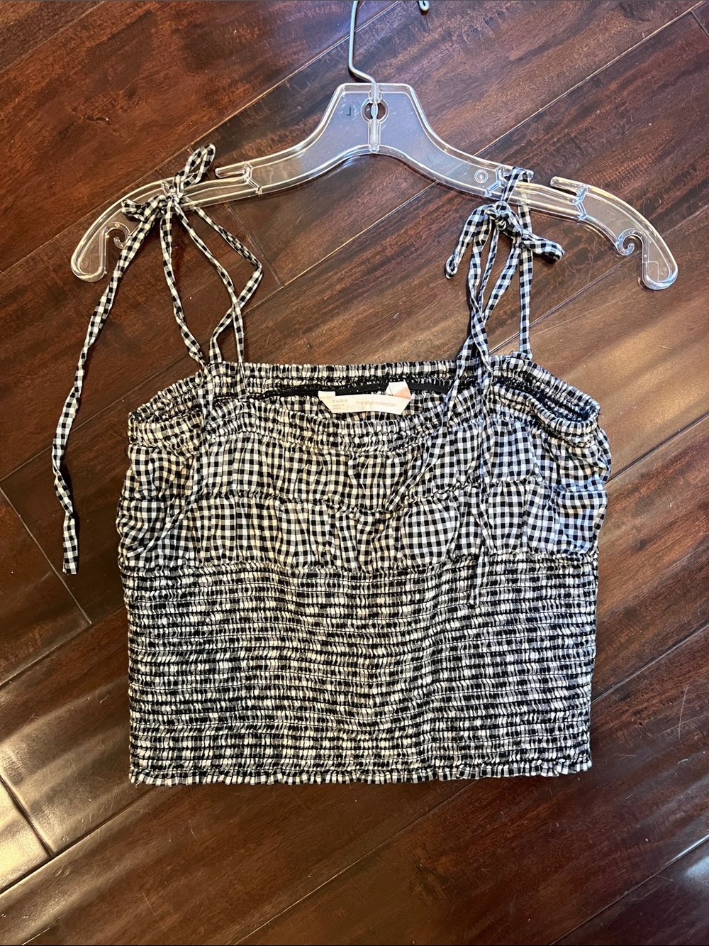 Zara Black and White Gingham Smocked Tie-Strap Crop Top